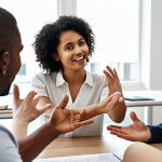 **

A diverse group of colleagues gathered in a bright, modern office space. Some are actively listening, one is speaking with open hand gestures. The atmosphere should be collaborative and positive, but subtly hint at a feedback session taking place. Focus on expressions of empathy and attentiveness. The overall scene suggests a safe and trusting environment where open communication is encouraged.

**