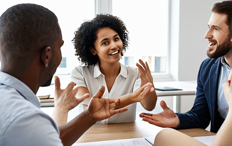 **
A diverse group of colleagues gathered in a bright, modern office space. Some are actively listening, one is speaking with open hand gestures. The atmosphere should be collaborative and positive, but subtly hint at a feedback session taking place. Focus on expressions of empathy and attentiveness. The overall scene suggests a safe and trusting environment where open communication is encouraged.
**